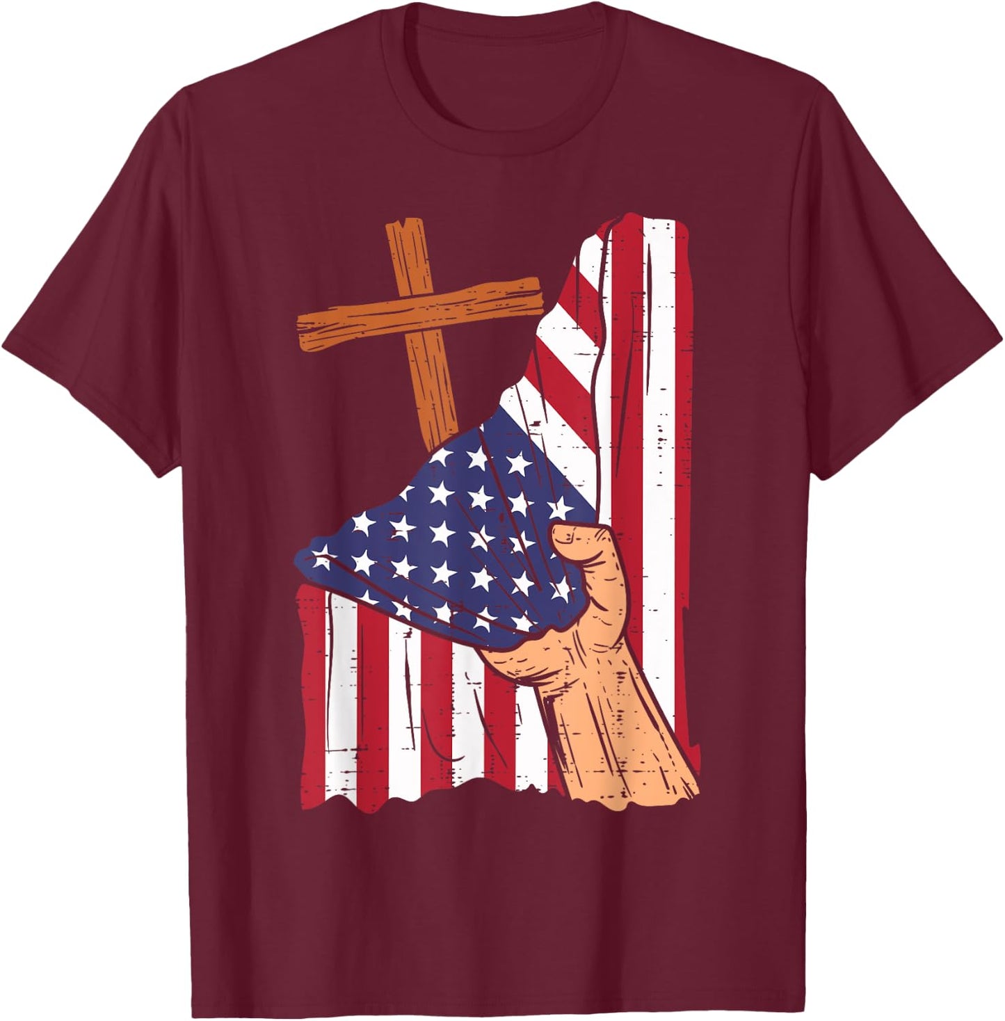 Cross Behind US Flag Religious God Jesus Patriotic Christian T-Shirt - T-Shirt | Maroon