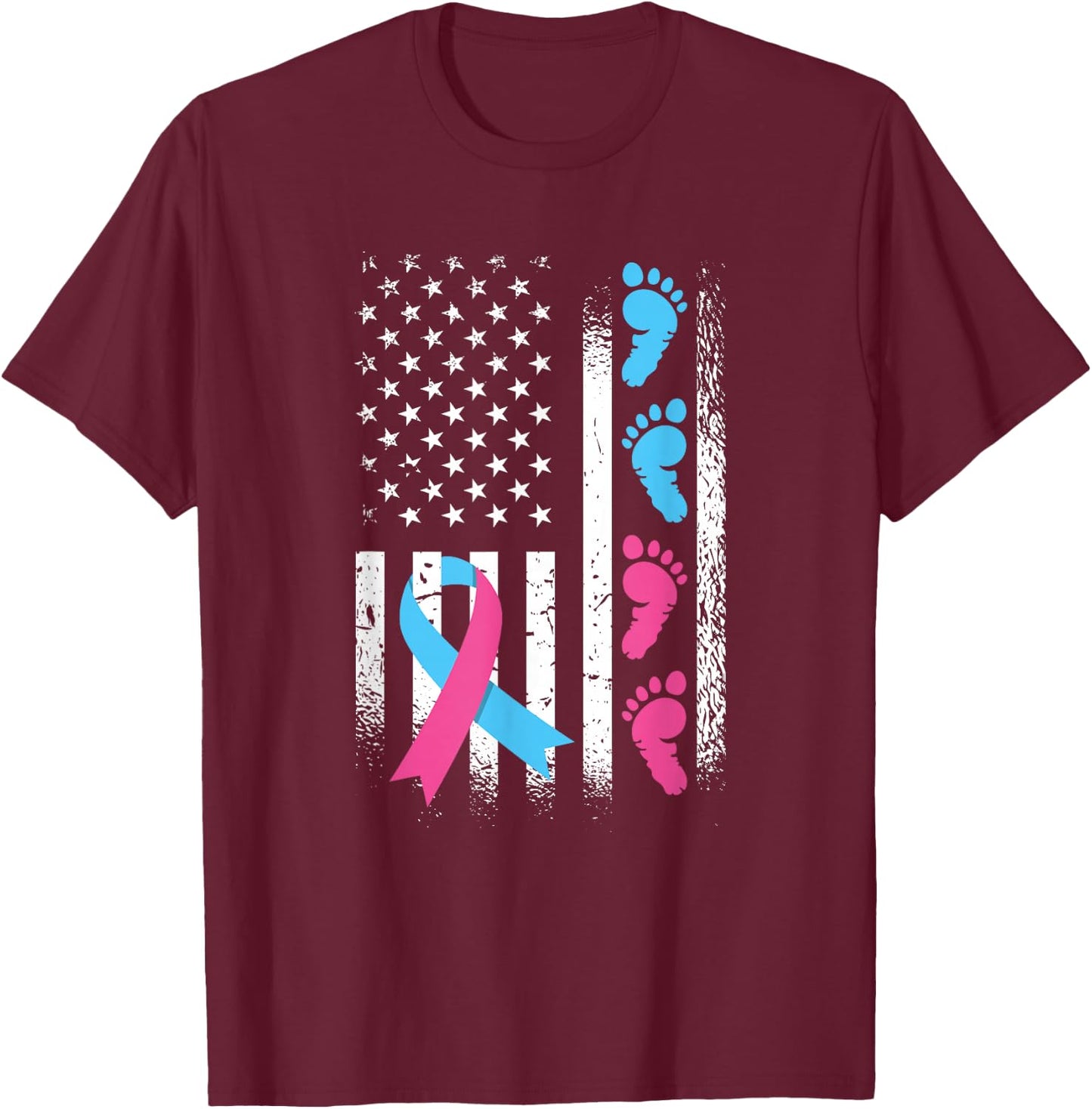 American Flag Pink and Blue Ribbon Pregnancy and Infant Loss T-Shirt - T-Shirt | Maroon
