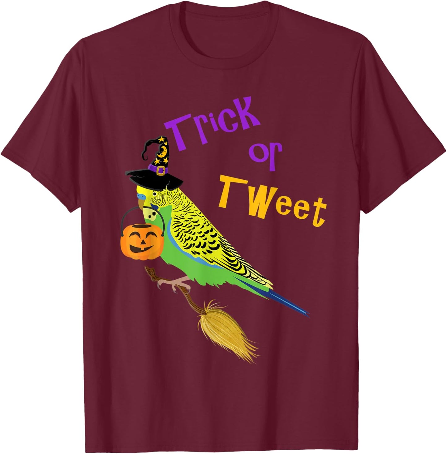 Halloween Trick or Tweet green budgie cute graphic bird T-Shirt - T-Shirt | Maroon
