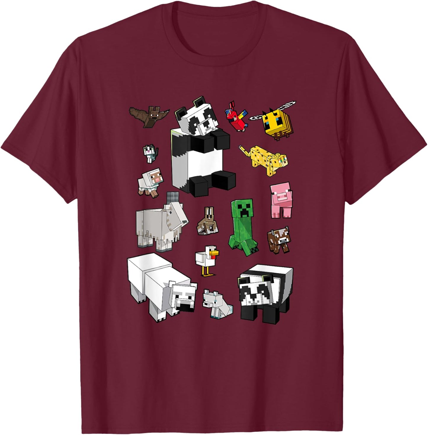 Minecraft Adults Kids , Blue, Small, Short Sleeve, Classic Fit, Cartoon Panda Graphic, Minecraft Overworld Mob Grid Poster T-Shirt - T-Shirt | Maroon