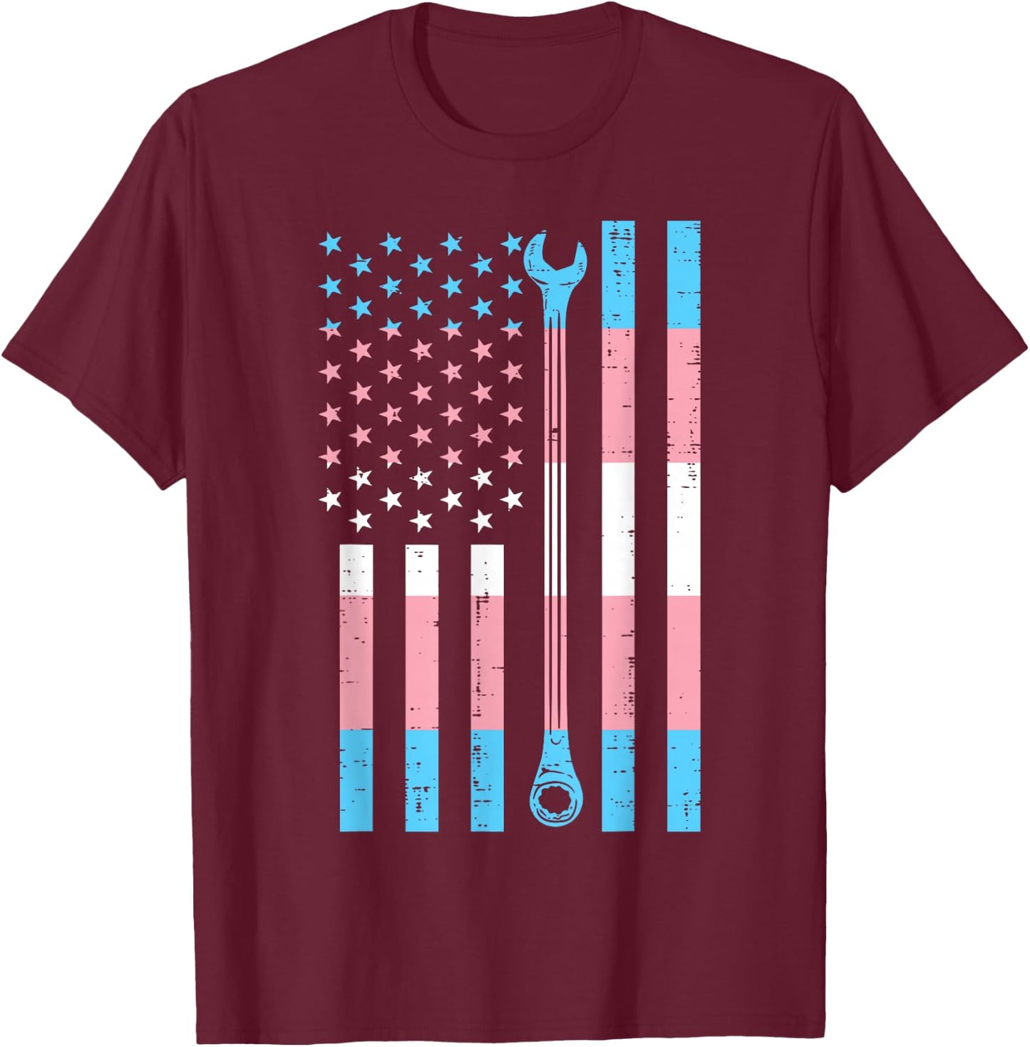 US America Flag Wrench Transgender Trans Pride LGBT Mechanic T-Shirt - T-Shirt | Maroon