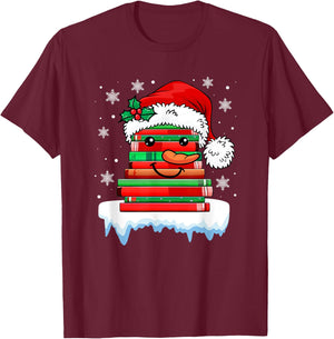 Librarian Book Santa Hat Reader Snow Pajamas Christmas T-Shirt - T-Shirt | Maroon
