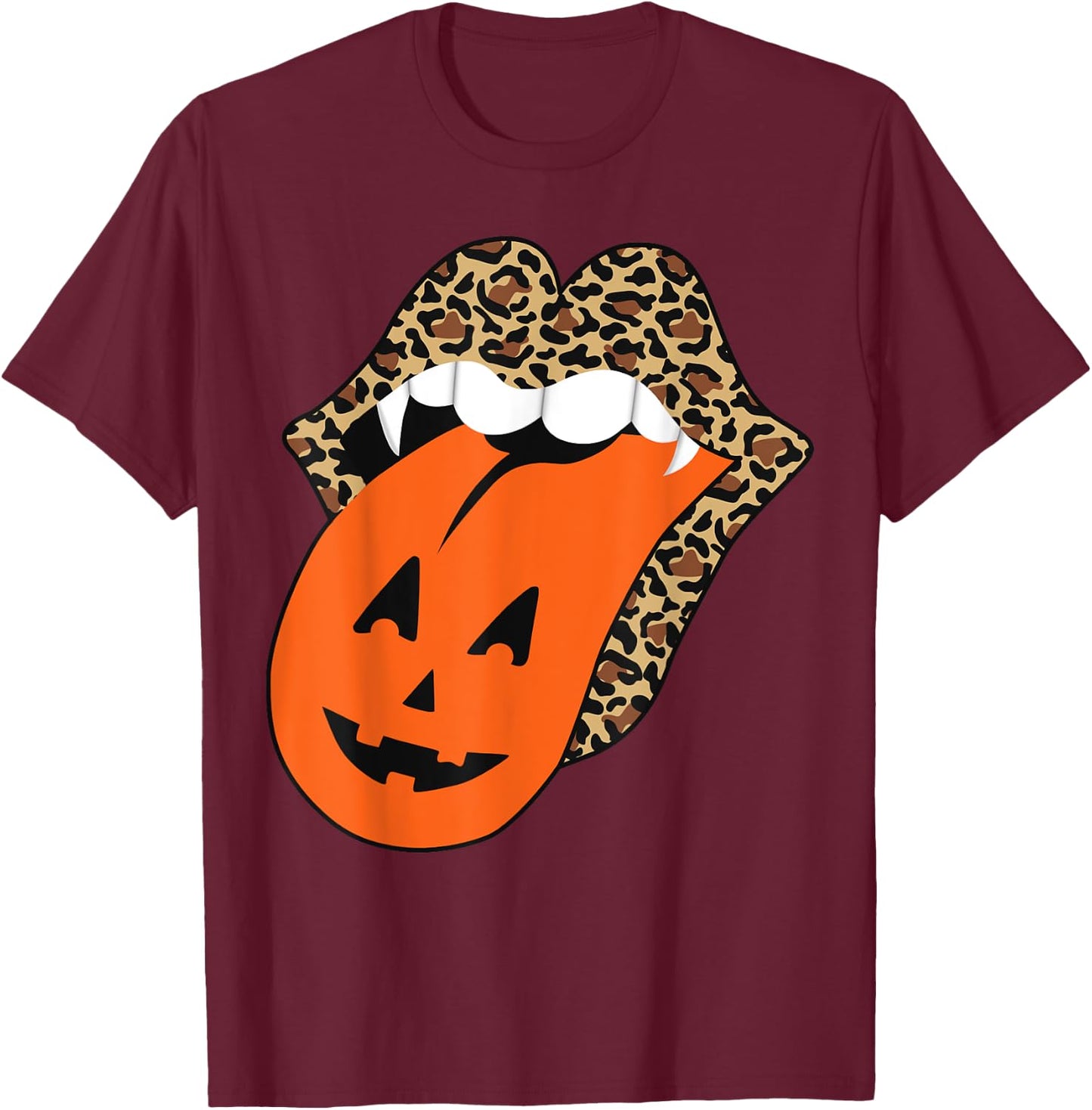 Leopard Lips Halloween Lips Vampire Mouth Pumpkin Tongue T-Shirt - T-Shirt | Maroon