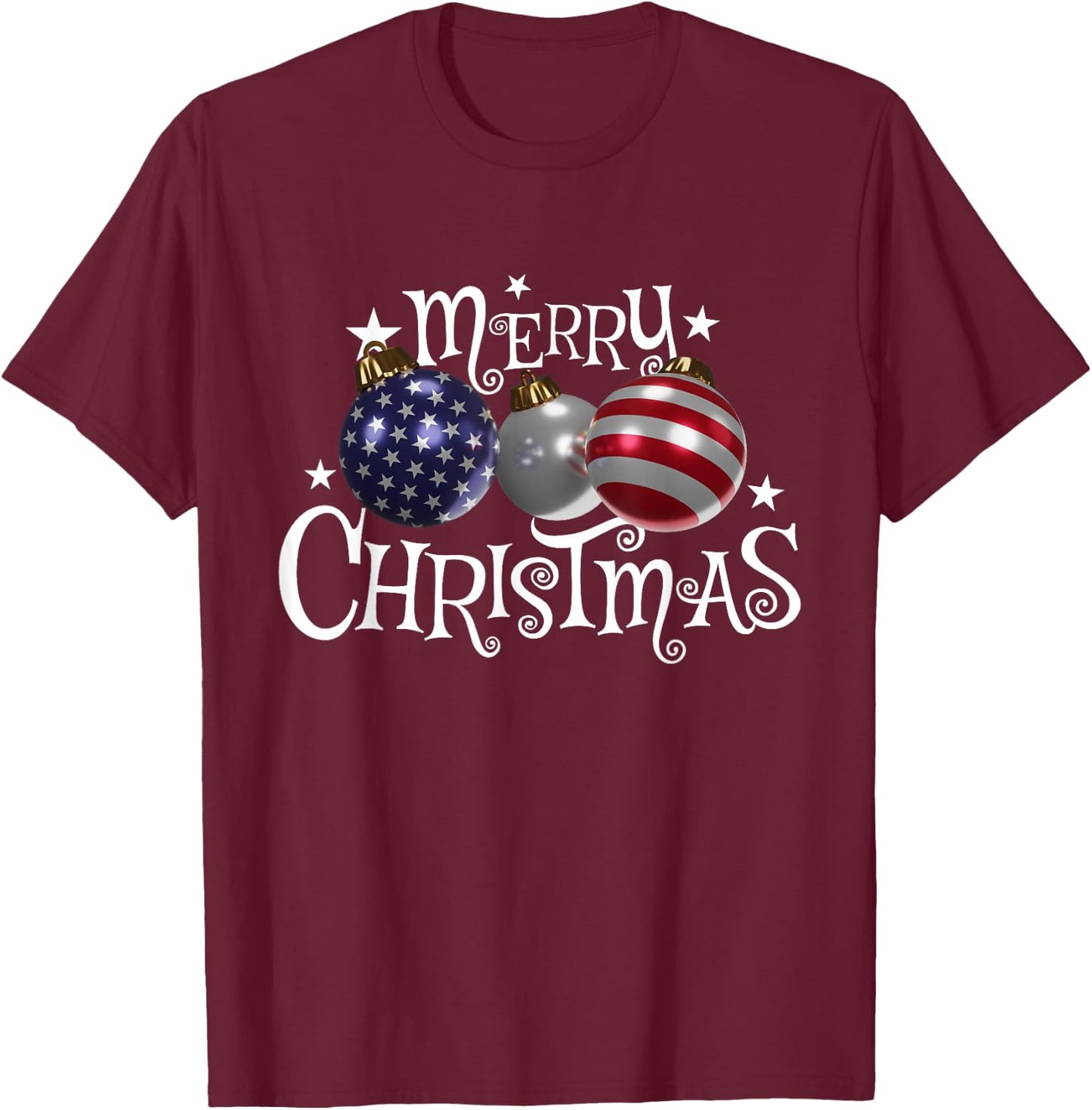 American Flag Merry Christmas Tree Baubles US Patriotic Xmas T-Shirt - T-Shirt | Maroon
