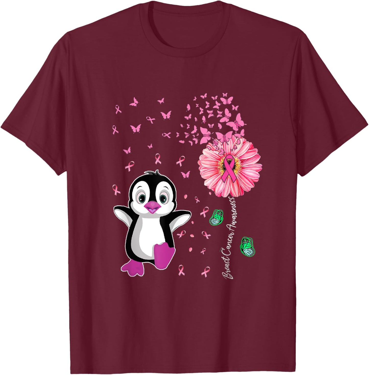 Penguin Pink Breast Cancer Awareness T-Shirt - T-Shirt | Maroon