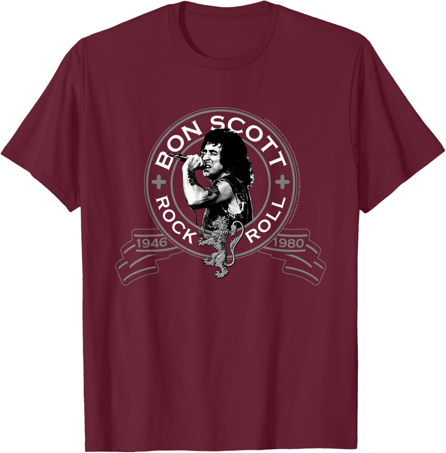 Bon Scott Rock n' Roll Lion Shield T-Shirt - T-Shirt | Maroon