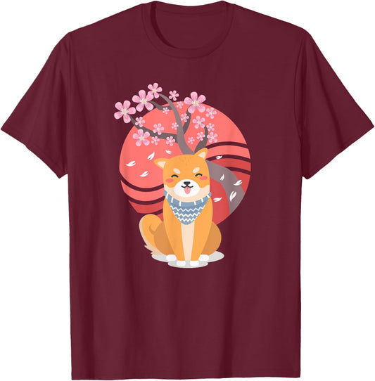 Funny Shiba Inu Cherry Blossoms Cute Japanese Dog Lover Gift T-Shirt - T-Shirt | Maroon
