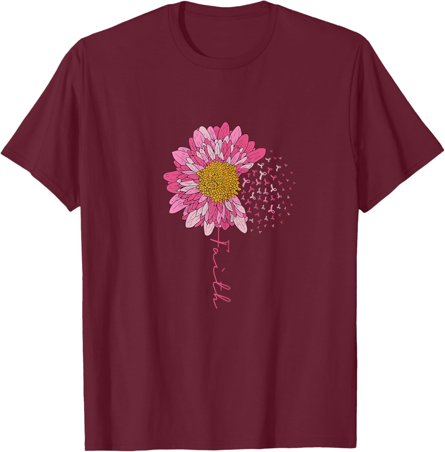 Breast Cancer Awareness Pink Ribbon Sunflower Faith Survivor T-Shirt - T-Shirt | Maroon
