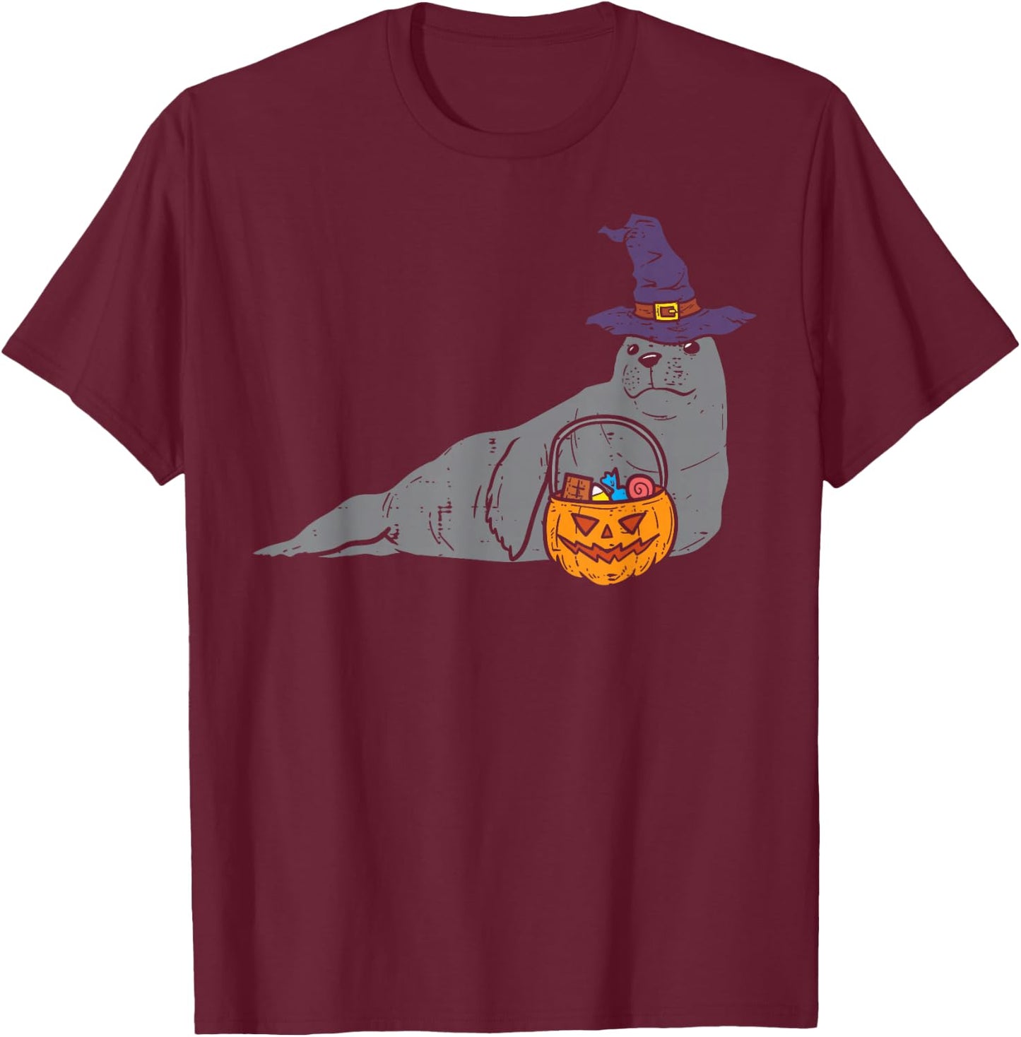 Seal Sea Lion Witch Pumpkin Halloween Animal Men Women Kids T-Shirt - T-Shirt | Maroon