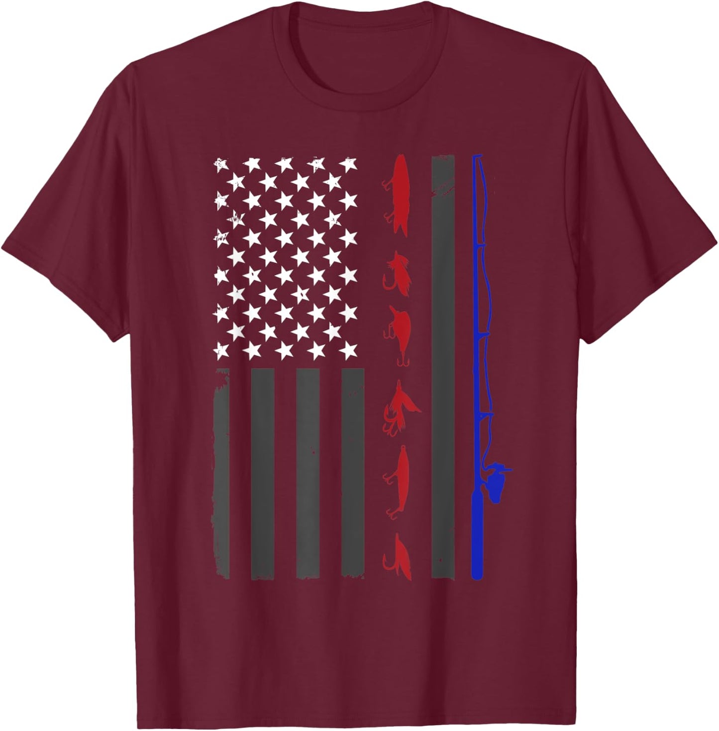 American Flag Fishing Vintage Fishing Pole and Lures Women Kids Men T-Shirt - T-Shirt | Maroon