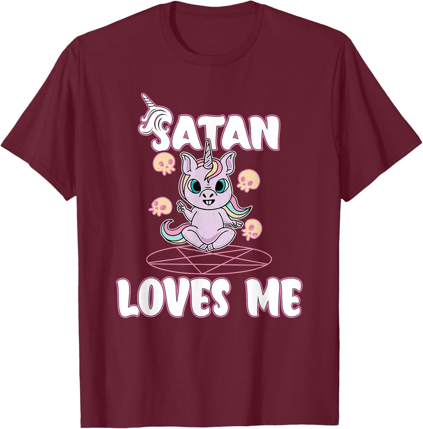 Satan Loves Me - Satanic Unicorn Satanism Baphomet T-Shirt - T-Shirt | Maroon