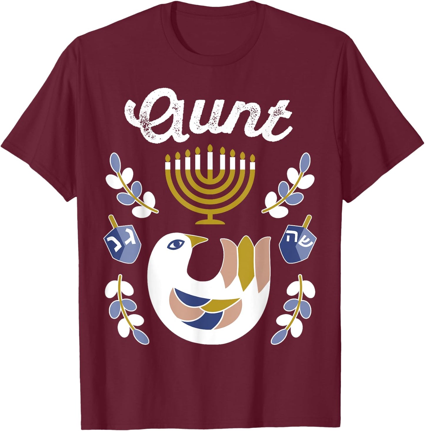 Matching Family Hanukkah Pajamas Top Dreidel & Menorah Aunt T-Shirt - T-Shirt | Maroon