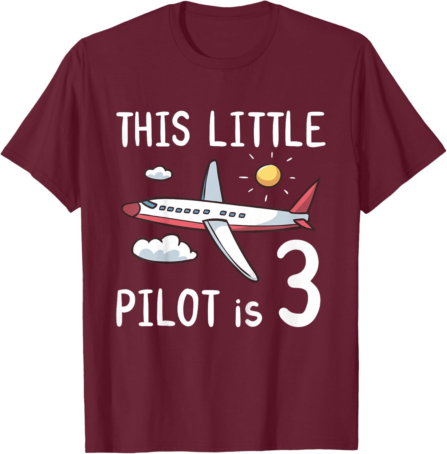 Kids This Little Pilot is 3 Years Old Birthday Boy Girl Airplane T-Shirt - T-Shirt | Maroon