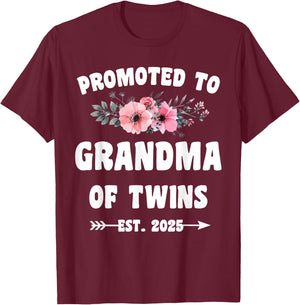 Promoted To Grandma Of Twins Est 2025 Pregnancy Announcement Black Women's Modern Casual Short Sleeve T-Shirt - T-Shirt | Maroon