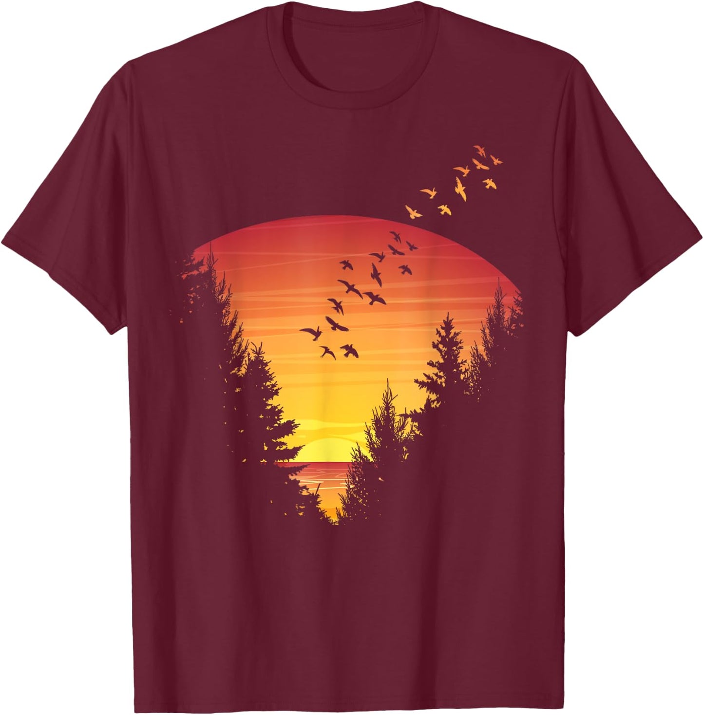 Sunset Forest Nature Pine Tree Camping Summer Outdoor Travel Men Women Kids T-Shirt - T-Shirt | Maroon