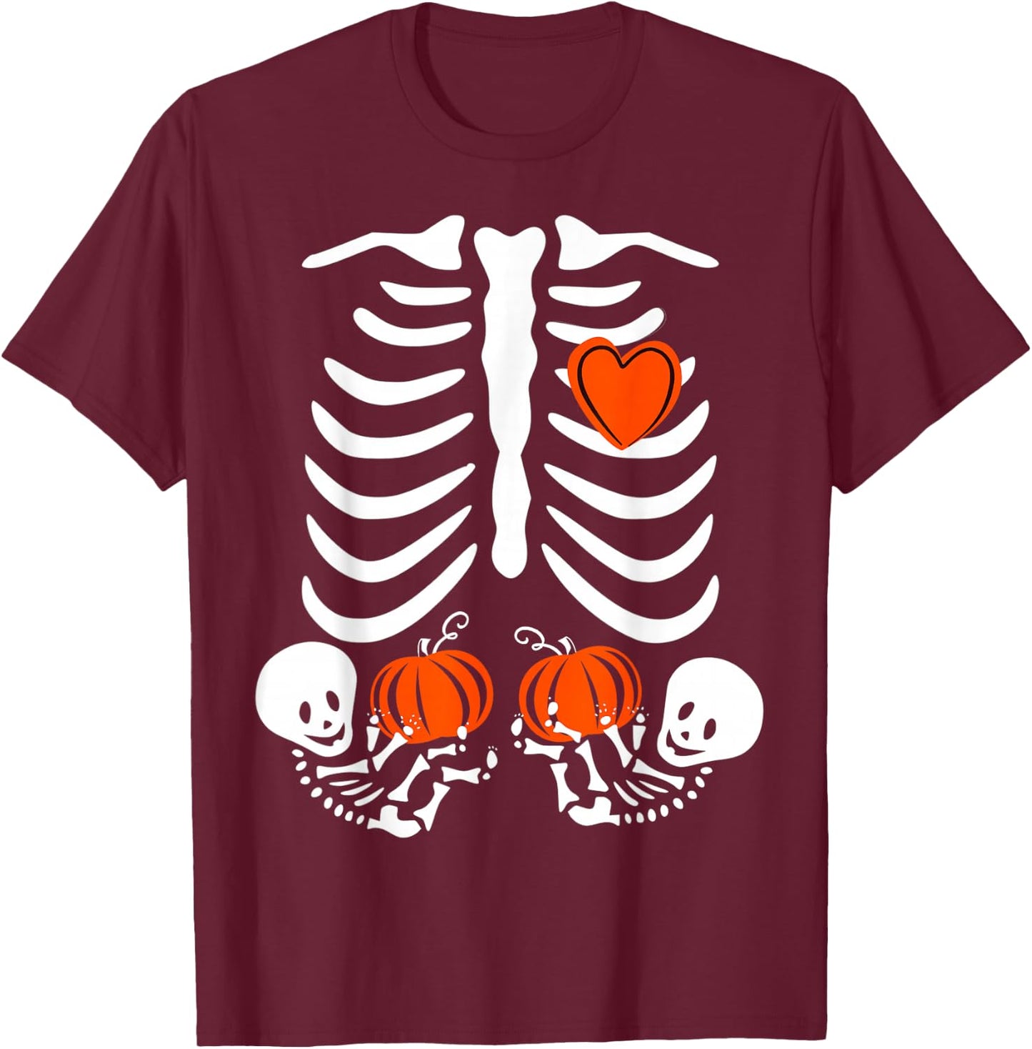 Pregnant Skeleton Twin Pregnancy Halloween Baby Announcement T-Shirt - T-Shirt | Maroon
