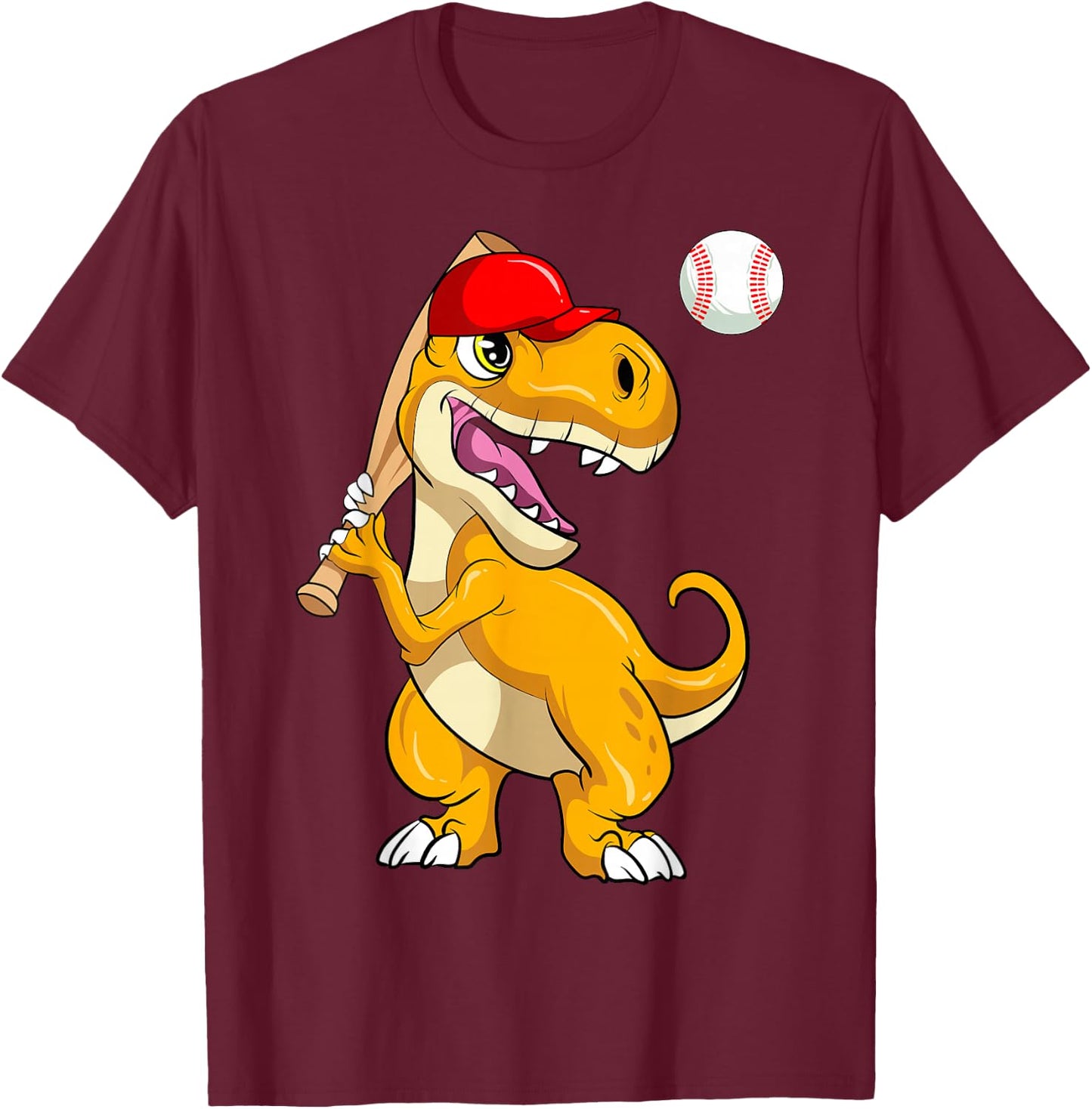 Baseball Dinosaur Kawaii T Rex Batting Baseball Player T-Shirt - T-Shirt | Maroon