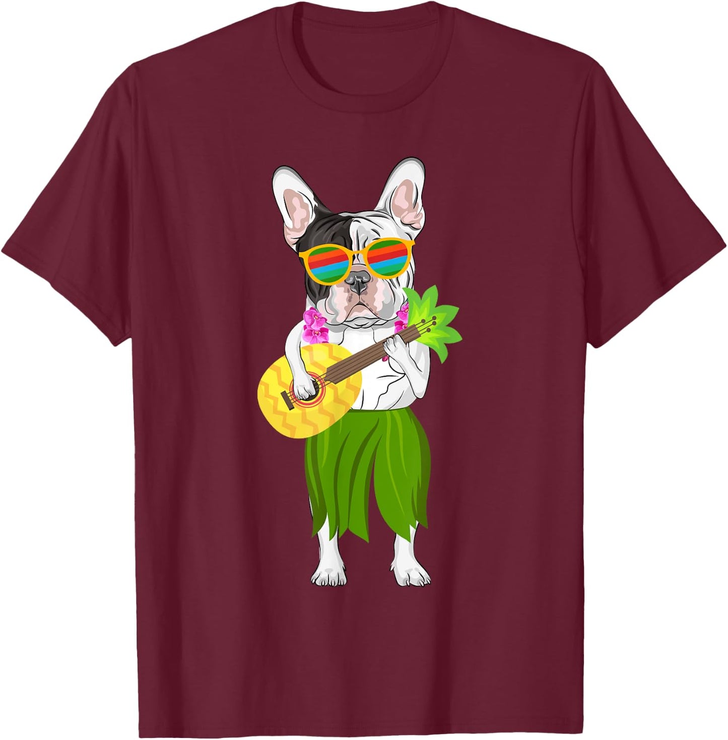 Hawaiian French Bulldog & Pineapple Ukulele Summer Vacation T-Shirt - T-Shirt | Maroon