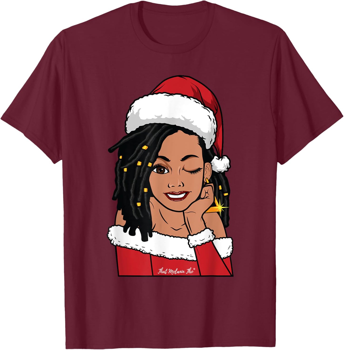 Black Mrs. Claus Locs Winking African American Christmas T-Shirt - T-Shirt | Maroon