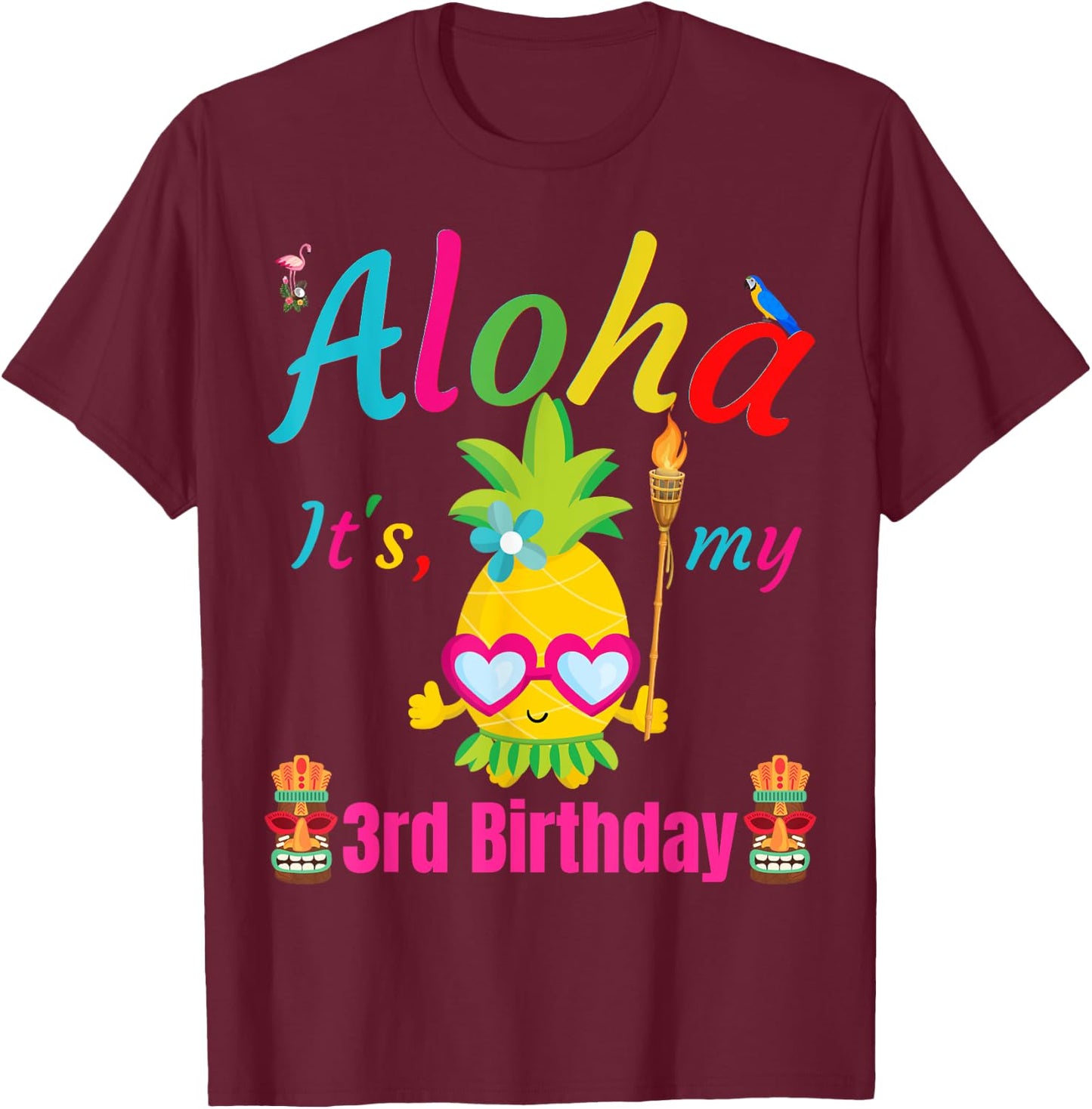 Aloha It's My 3rd Birthday Hawaii 3 Years Girls Luau Candles T-Shirt - T-Shirt | Maroon