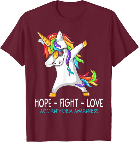 Unicorn Dabbing Hope Fight Love Agoraphobia Awareness T-Shirt - T-Shirt | Maroon