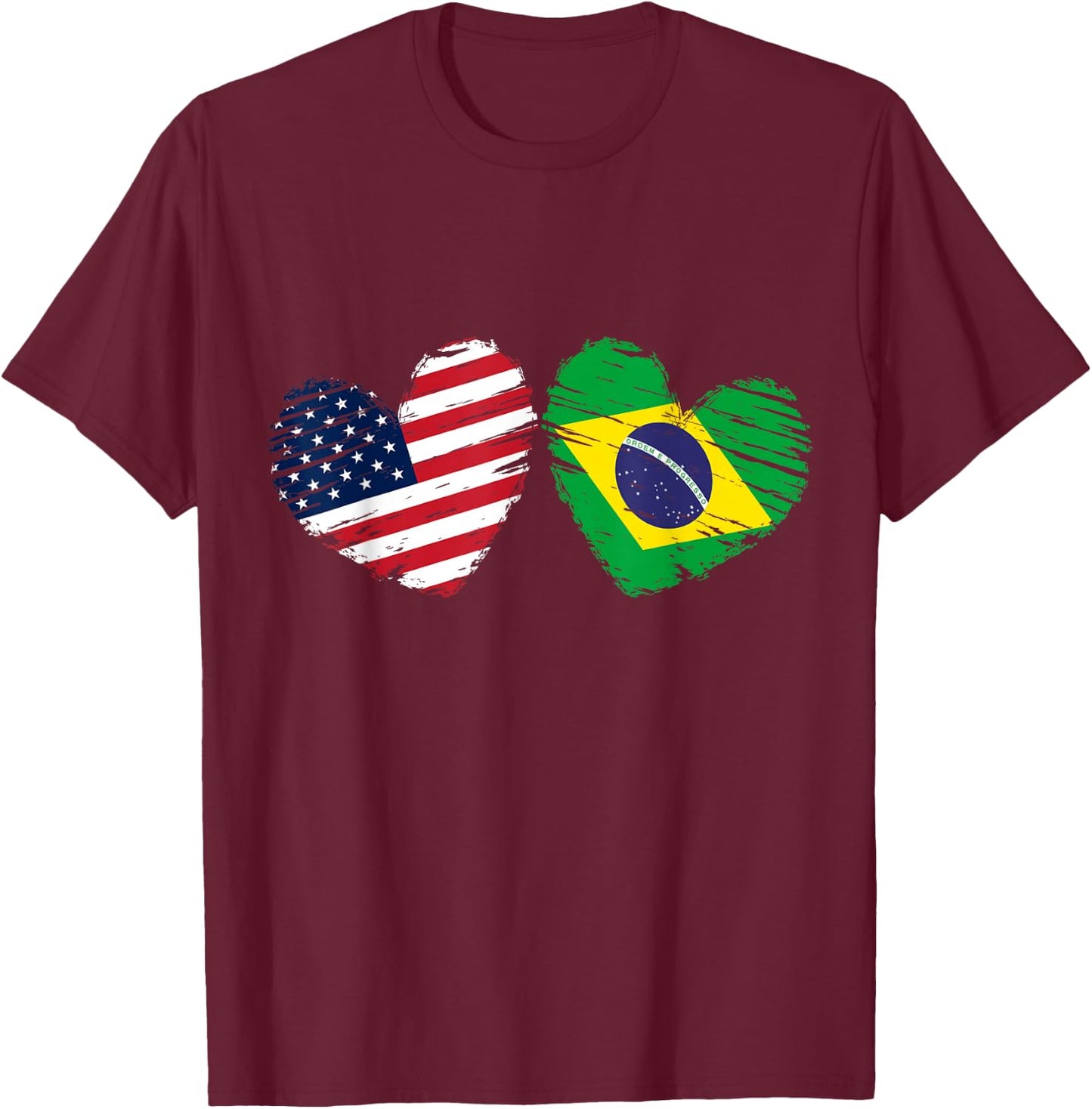 USA Brazil Flag Heart Valentines Day Brazilian American T-Shirt - T-Shirt | Maroon