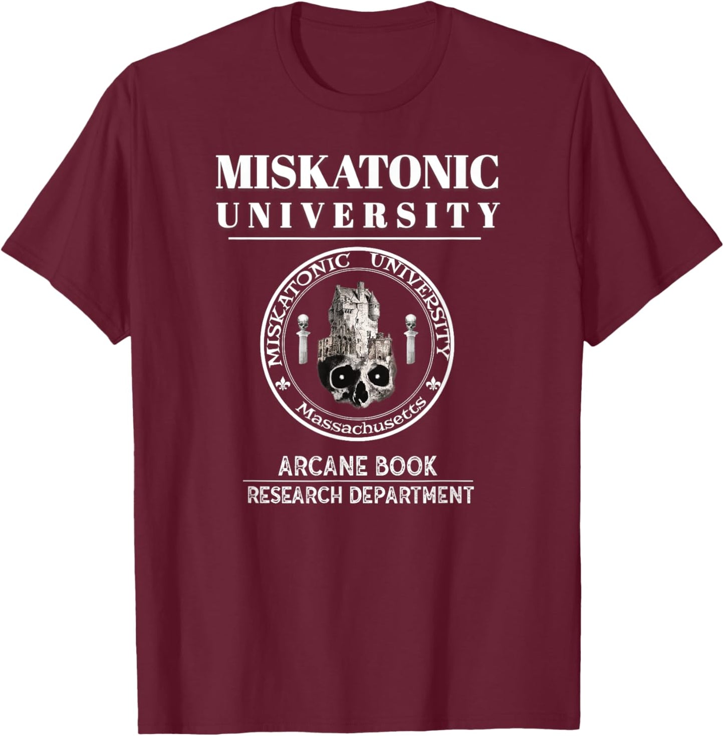 JC Ure Miskatonic University Arcane Book Research Department T-Shirt - T-Shirt | Maroon