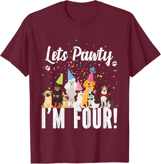 Pets Pawty I'm FOUR! Puppy Dog Themed Birthday Party for Girls Kids T-Shirt - T-Shirt | Maroon