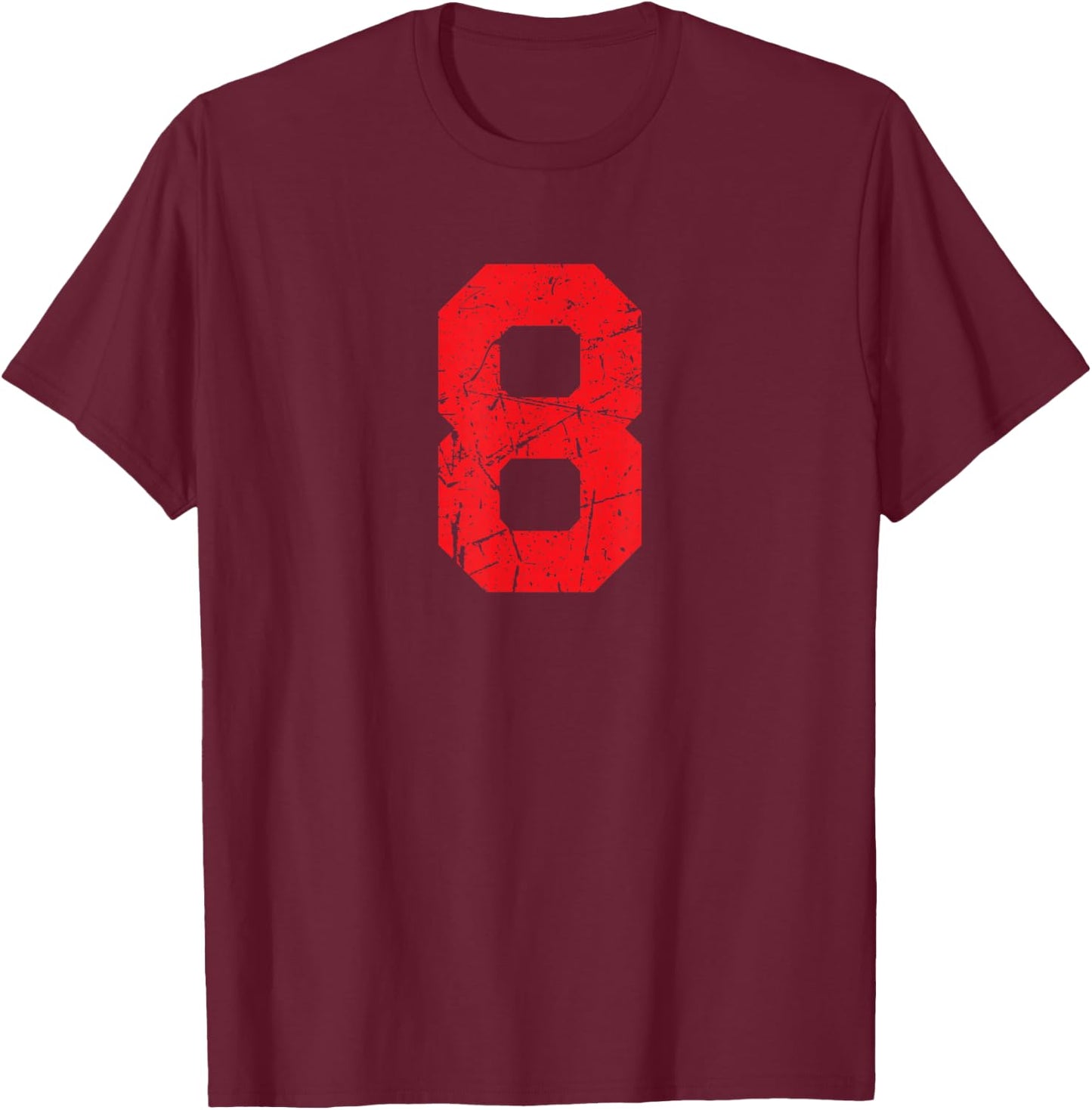 Number #8 Sports Red Distressed Plain Number T-Shirt - T-Shirt | Maroon