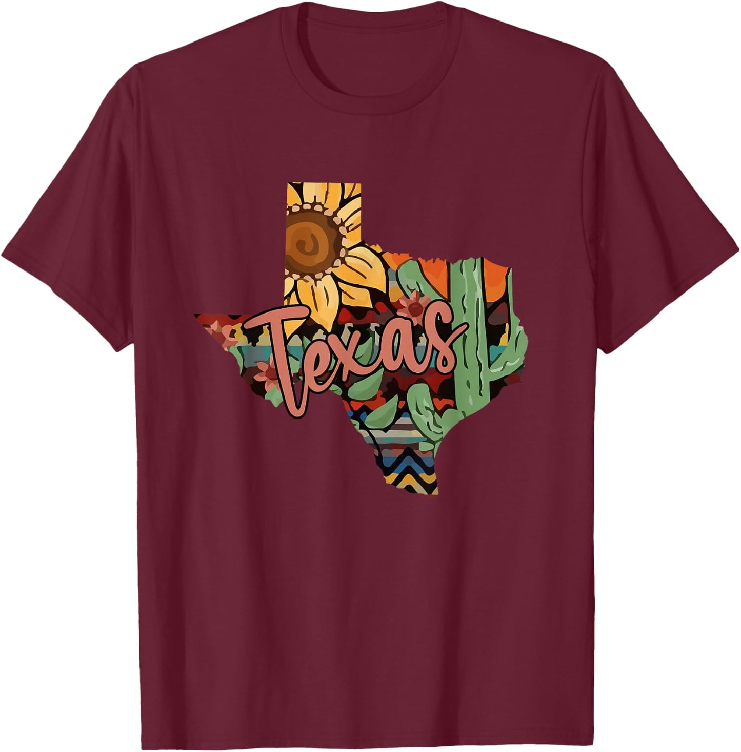 Cute Love Texas State Cactus Sunflower T-Shirt - T-Shirt | Maroon