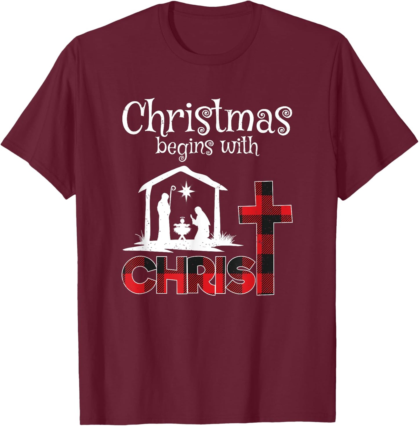 Christmas Begins With Christians Buffalo Plaid T-Shirt - T-Shirt | Maroon