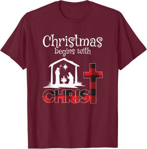 Christmas Begins With Christians Buffalo Plaid T-Shirt - T-Shirt | Maroon