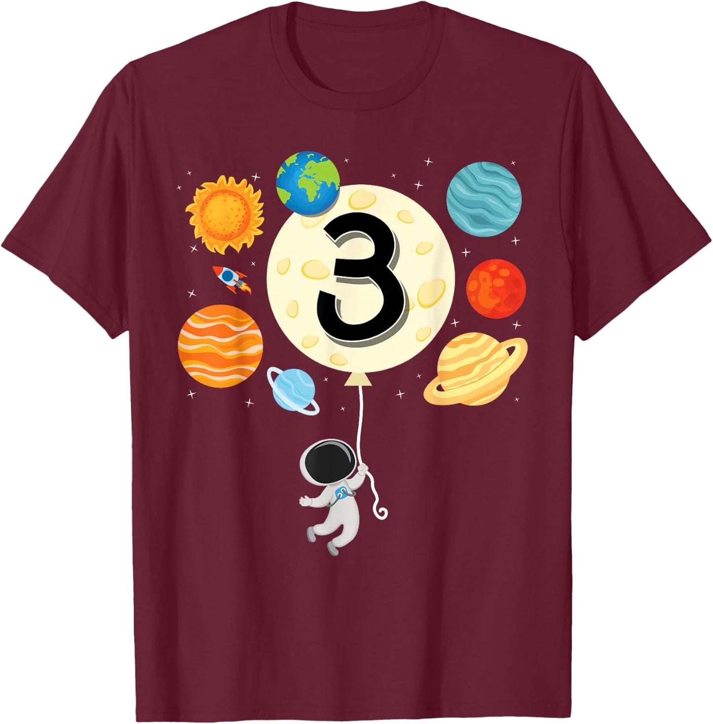 Astronaut Balloon Planets 3rd Birthday Space 3 Year Old Kids T-Shirt - T-Shirt | Maroon