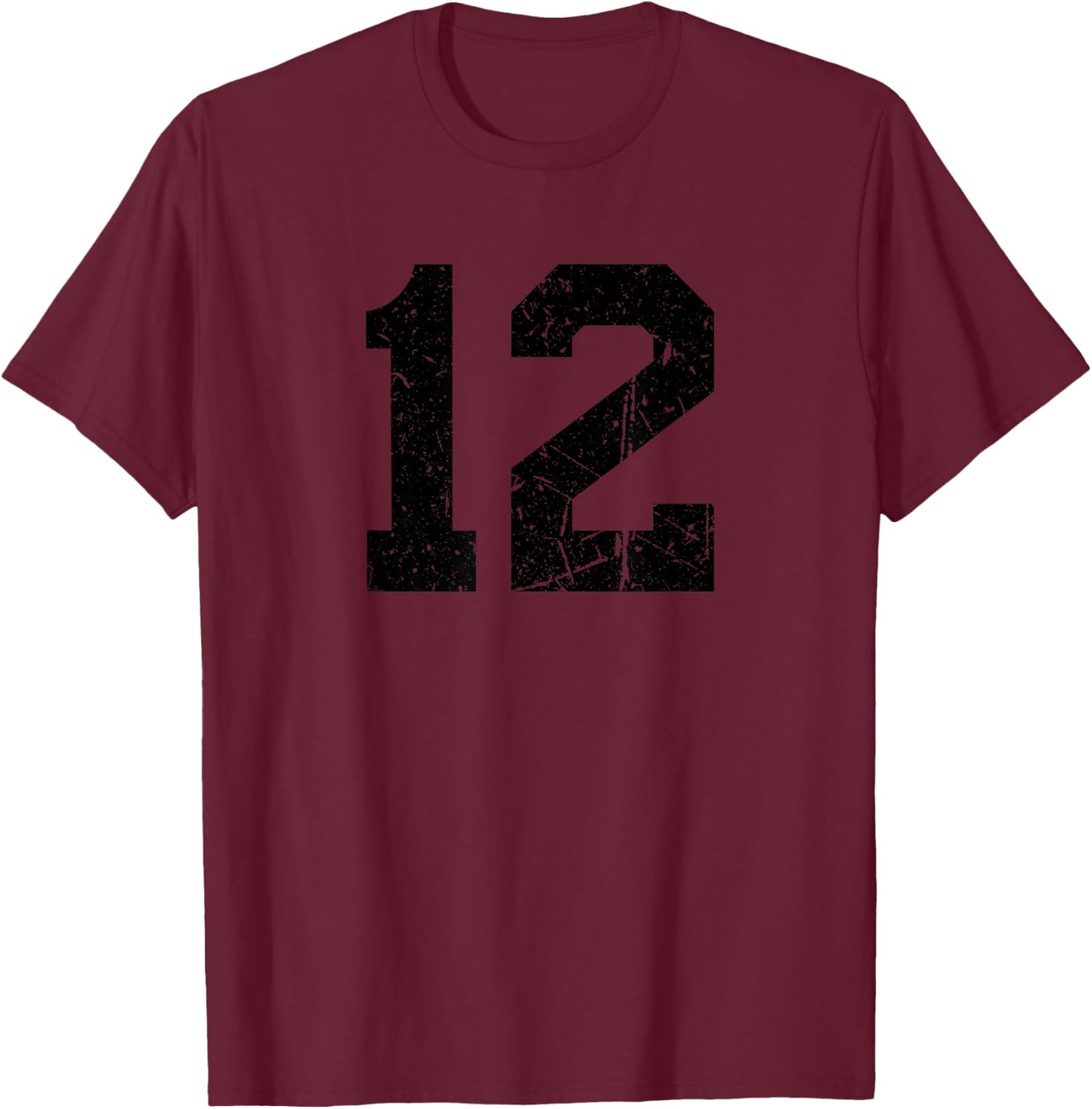 Number #12 Sport Black Distressed Number T-Shirt - T-Shirt | Maroon