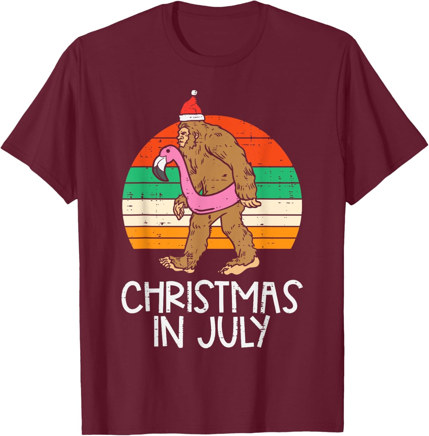 Bigfoot Unicorn Floatie Christmas In July Retro Sasquatch T-Shirt - T-Shirt | Maroon