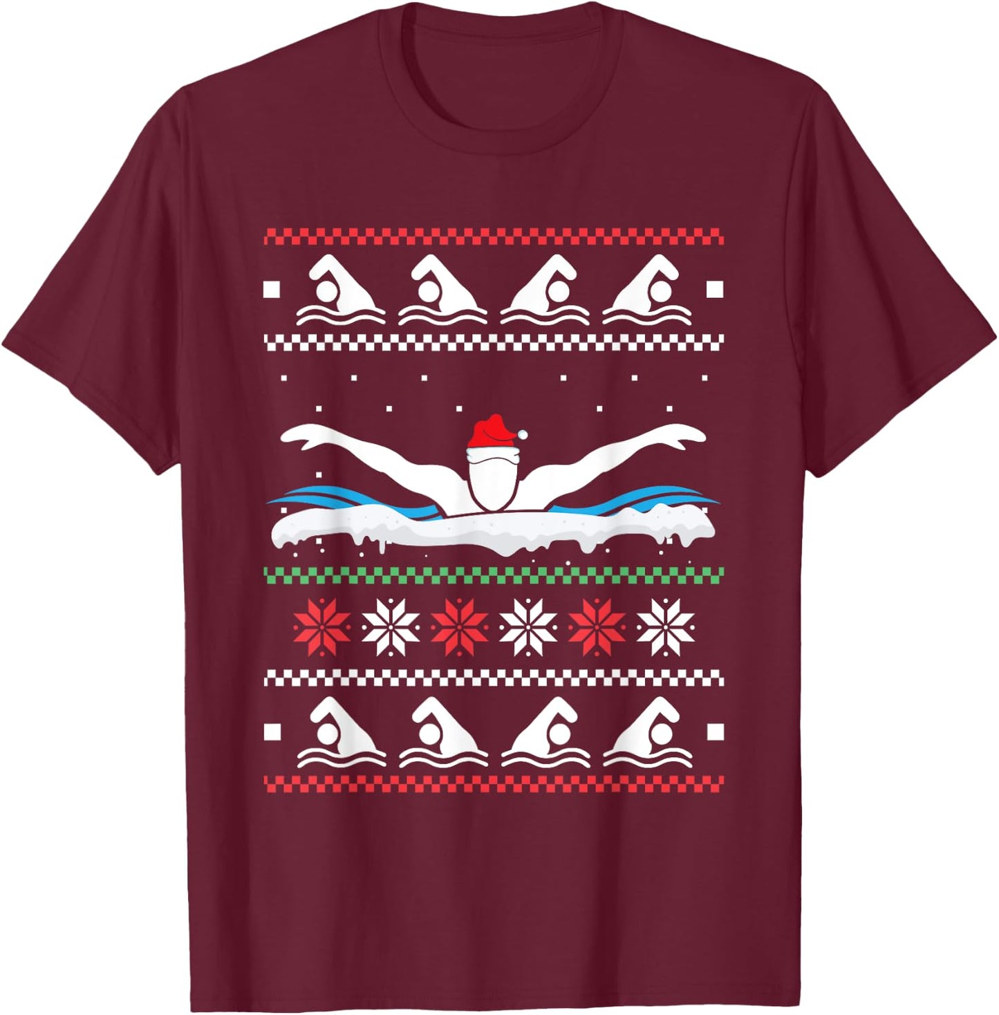 Swimming Santa Hat Ugly Christmas Swimmer Swimming Lover T-Shirt - T-Shirt | Maroon