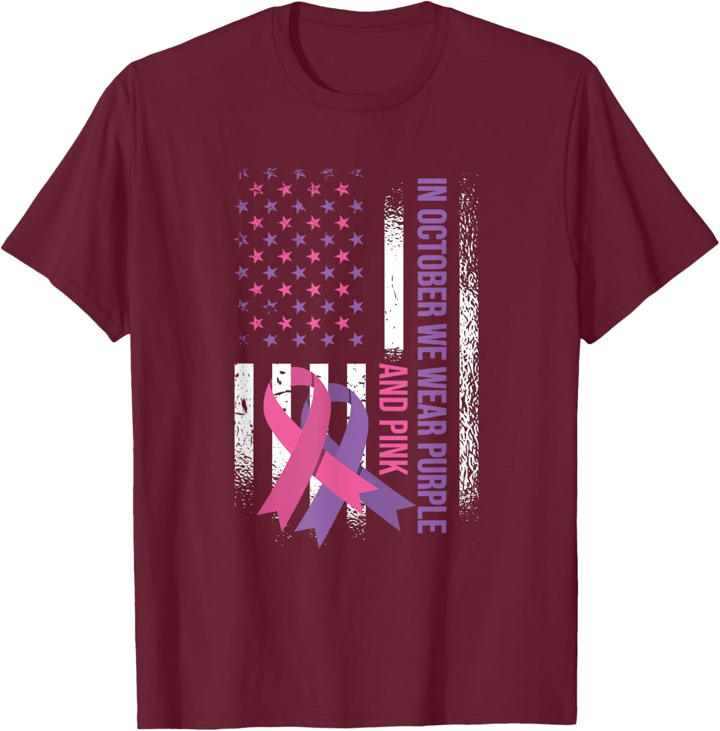 American Flag Breast Cancer and Domestic Violence Awareness T-Shirt - T-Shirt | Maroon