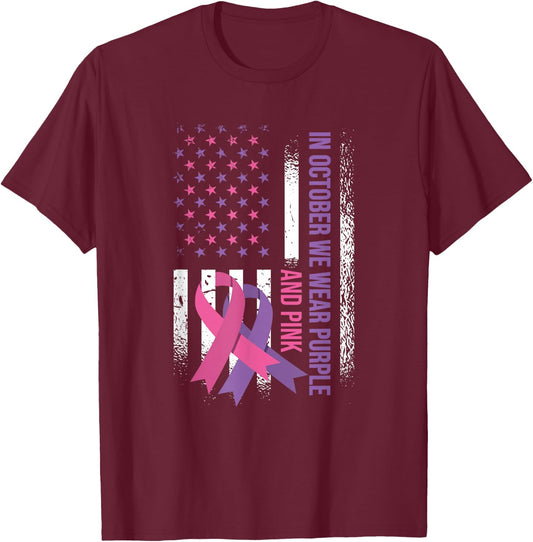 American Flag Breast Cancer and Domestic Violence Awareness T-Shirt - T-Shirt | Maroon