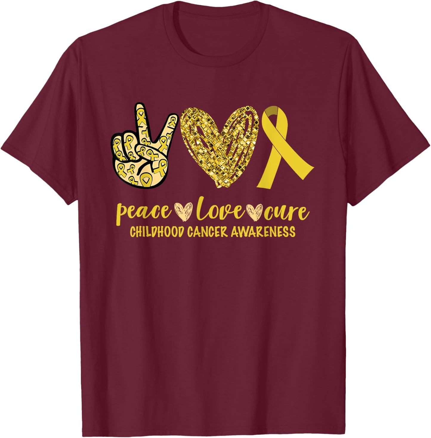 Peace Love Cure Ribbon Childhood Cancer Awareness T-Shirt - T-Shirt | Maroon