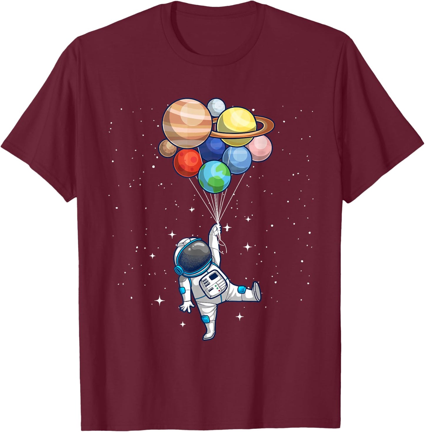 Funny Astronaut with Planets in Hand Women Spaceman T-Shirt - T-Shirt | Maroon