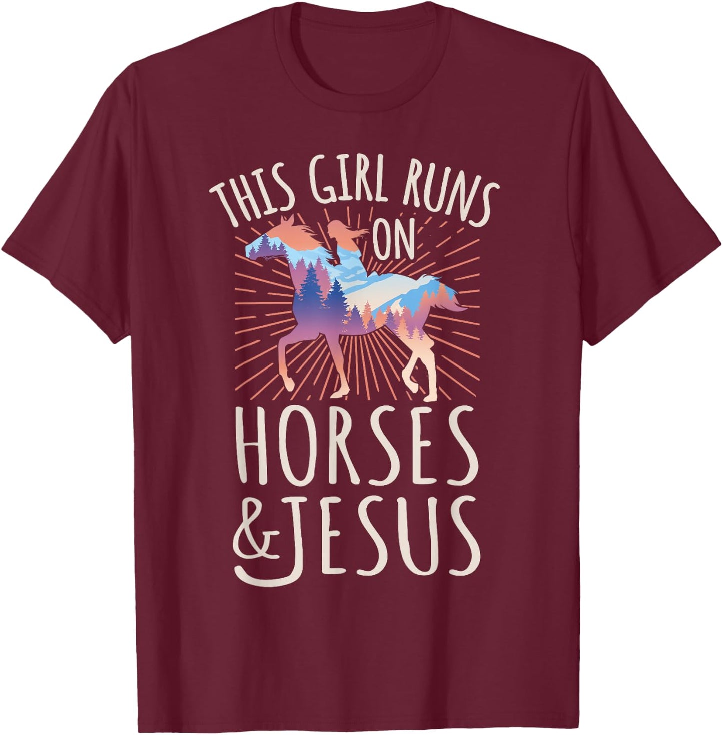 Horse Rider - This Girl Runs On Horses And Jesus T-Shirt - T-Shirt | Maroon