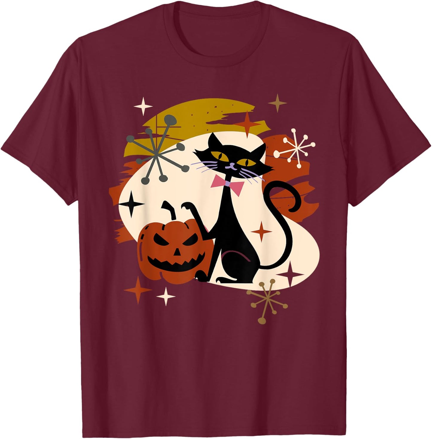 Black Cat and Pumpkin Atomic Retro Halloween T-Shirt - T-Shirt | Maroon