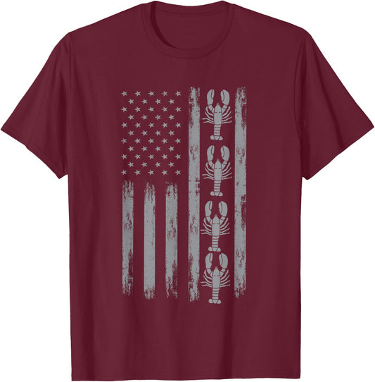 Great Shellfish Designs Crustaceans Lover American Crayfish Outfit Louisiana Crawfish USA Flag T-Shirt - T-Shirt | Maroon