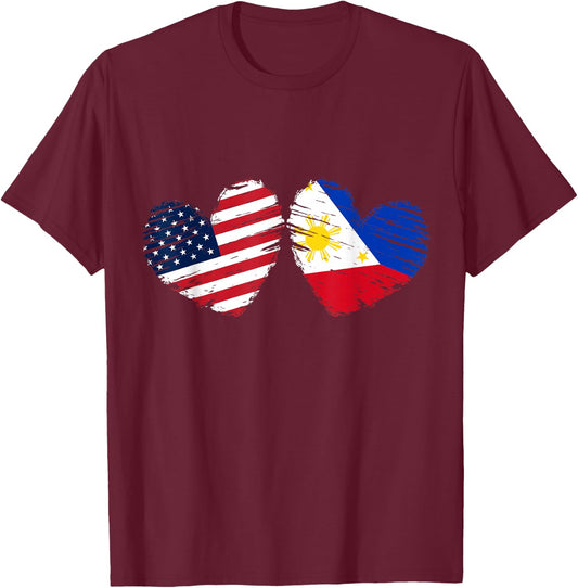 USA Philippines Flag Heart Valentines Day Filipino American T-Shirt - T-Shirt | Maroon