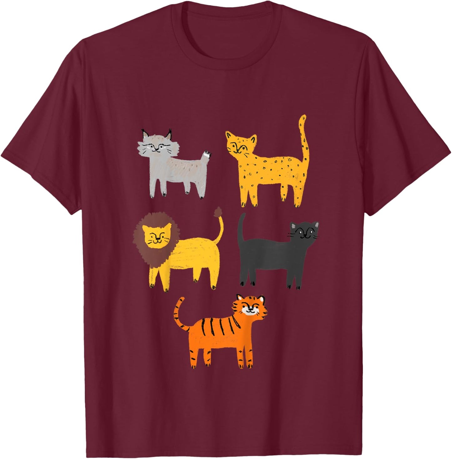 Big Cats of the Wild Lion Tiger Lynx Panther Cheetah Jaguar T-Shirt - T-Shirt | Maroon