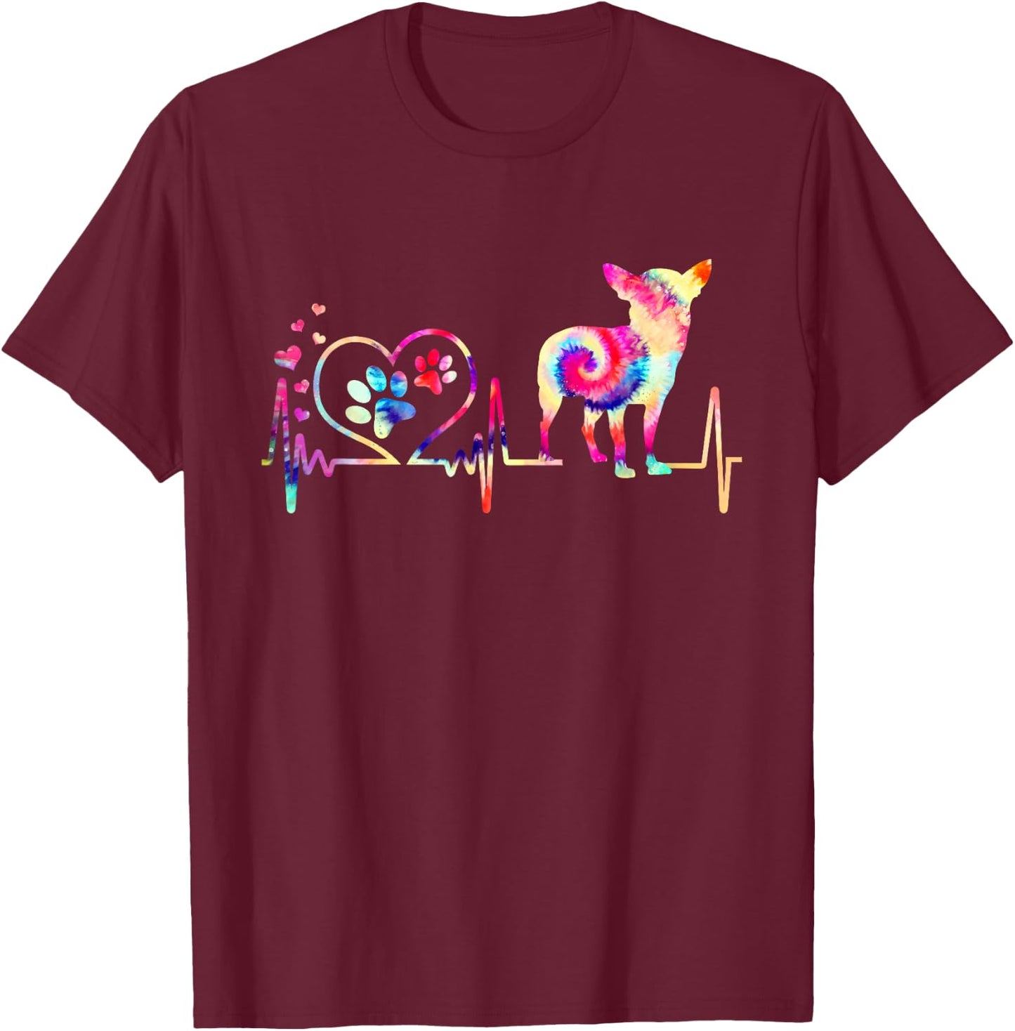 Chihuahua Dog Tie Dye Heart Beat Puppy Dog Lover T-Shirt - T-Shirt | Maroon