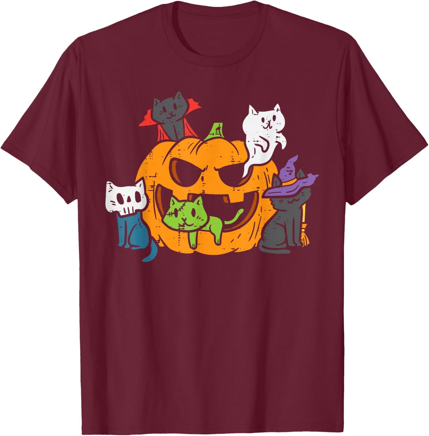 Vampire Ghost Zombie Witch Cats In Pumpkin Cute Halloween T-Shirt - T-Shirt | Maroon