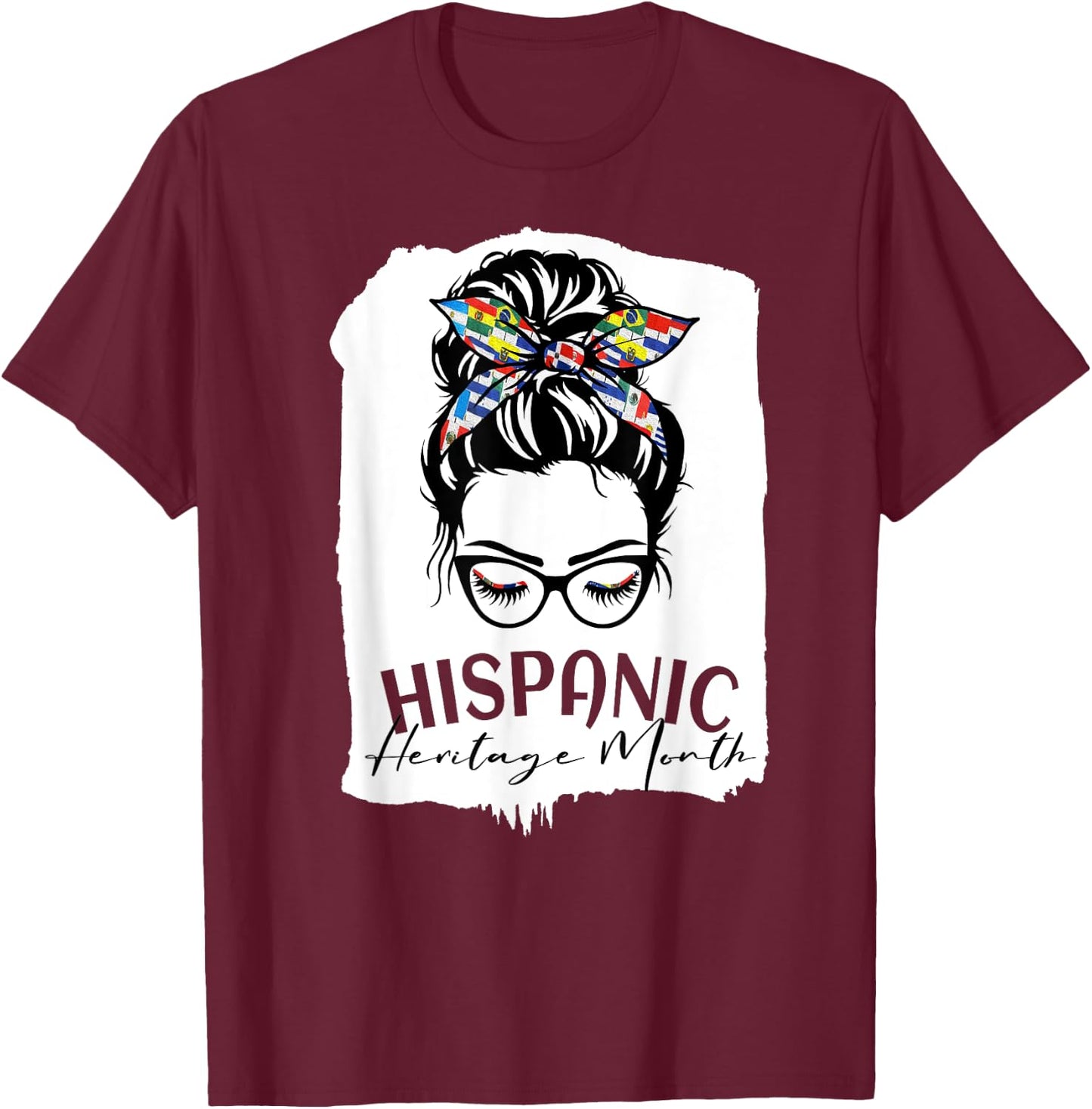 Red National Hispanic Heritage Month Latina Women Messy Bun T-Shirt - T-Shirt | Maroon