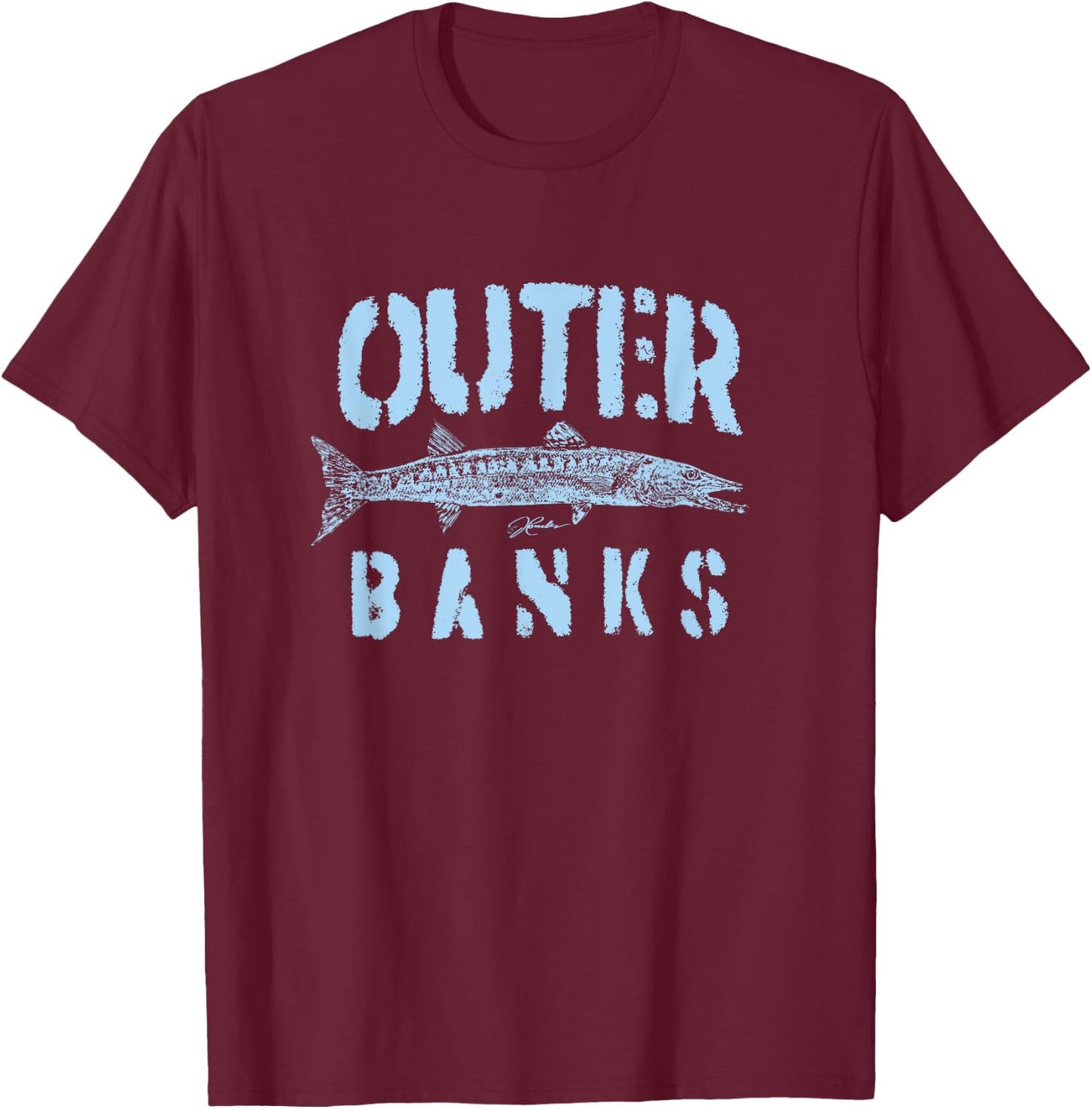 JCombs: Outer Banks, NC, Barracuda (Distressed) T-Shirt - T-Shirt | Maroon