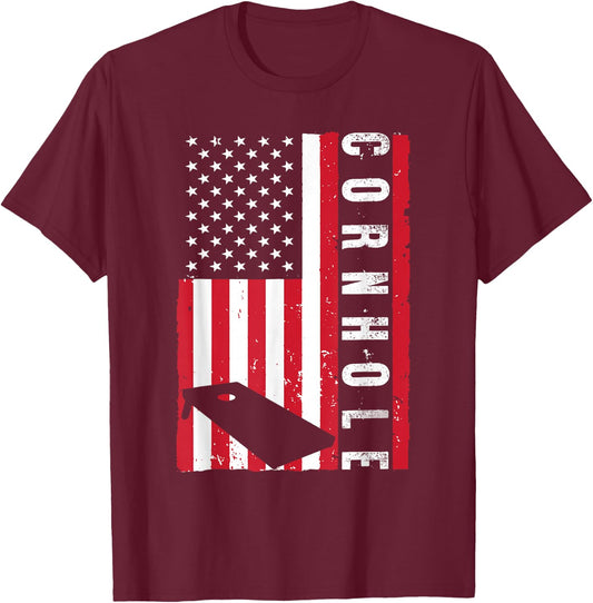 Cool Cornhole Art Men Women American Flag Corn Hole Player T-Shirt - T-Shirt | Maroon